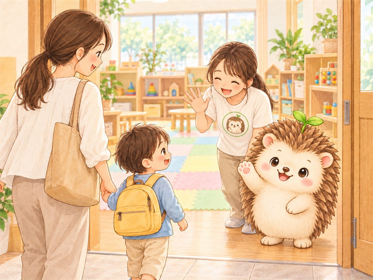 教室の入口で親子を出迎える先生とハリネズミのイラスト