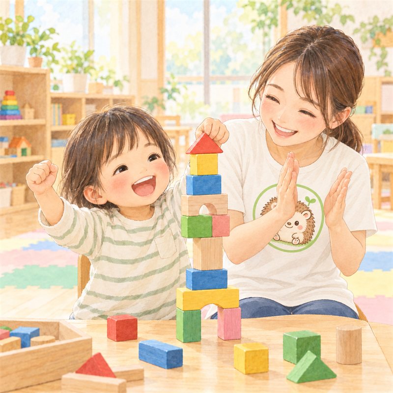 積み木を完成させて喜ぶ子どもと、拍手する先生のイラスト