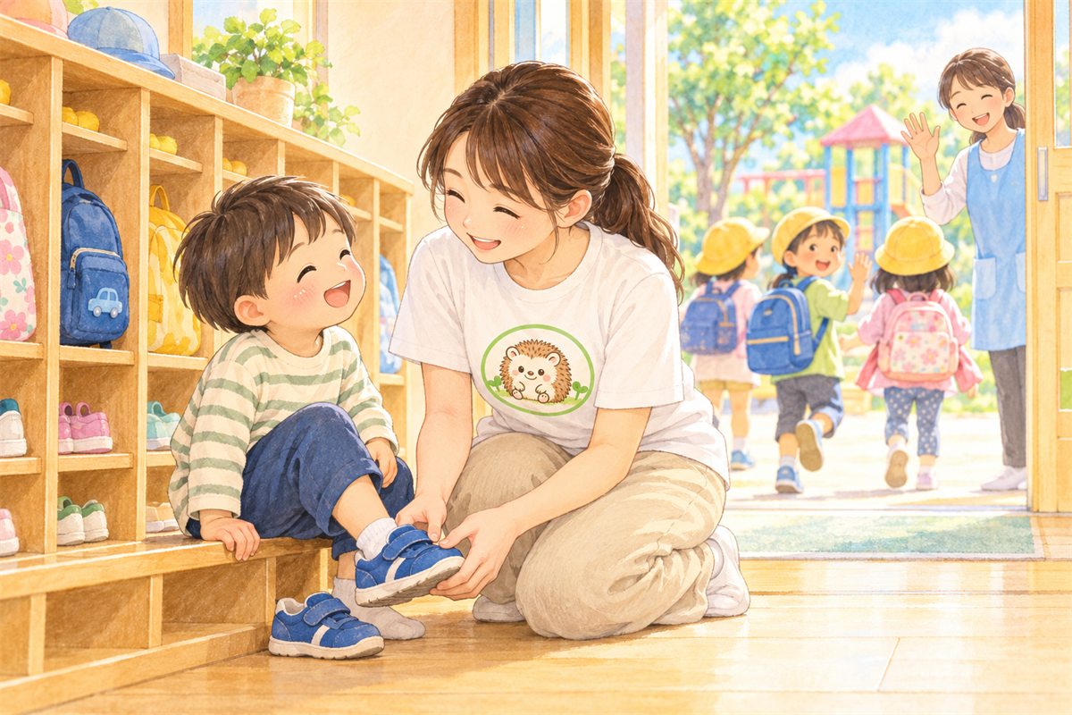 幼稚園の靴箱の前で、子どもが靴をはくのを手伝う訪問支援員のイラスト