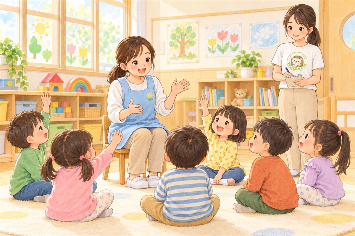 幼稚園の朝の会を、ノートを持って見守る訪問支援員のイラスト