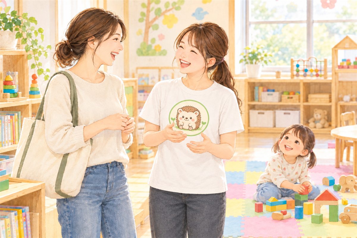 教室で笑顔で立ち話をするお母さんと先生、うしろで遊ぶ子どものイラスト