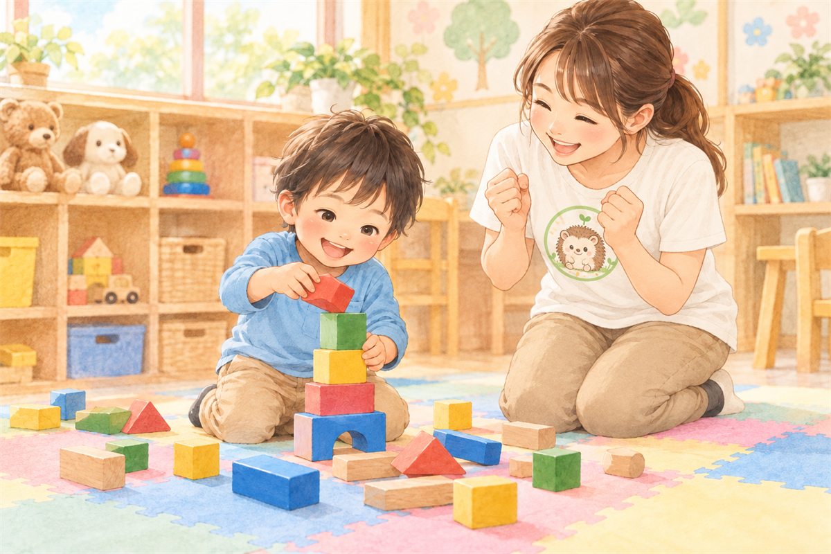 くずれた積み木をもう一度積みなおす子どもと、応援する先生のイラスト