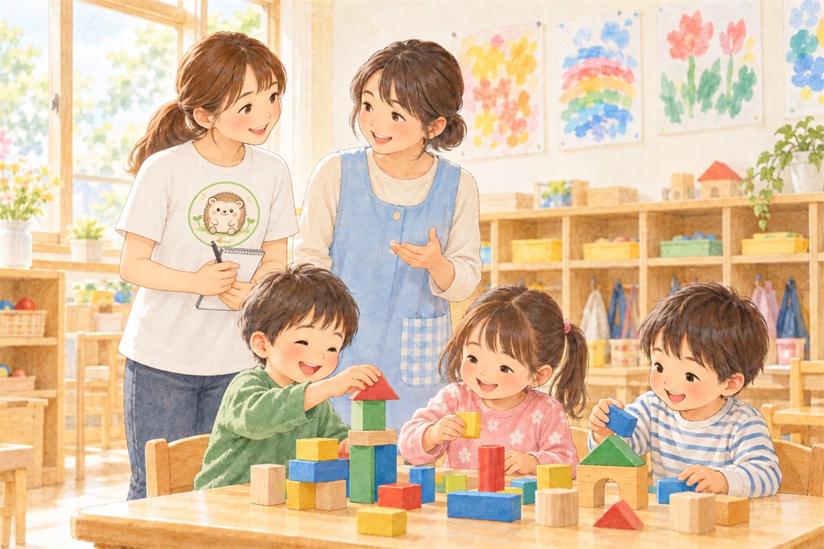 保育園の教室で、園の先生と一緒に子どもたちを見守る訪問支援員のイラスト