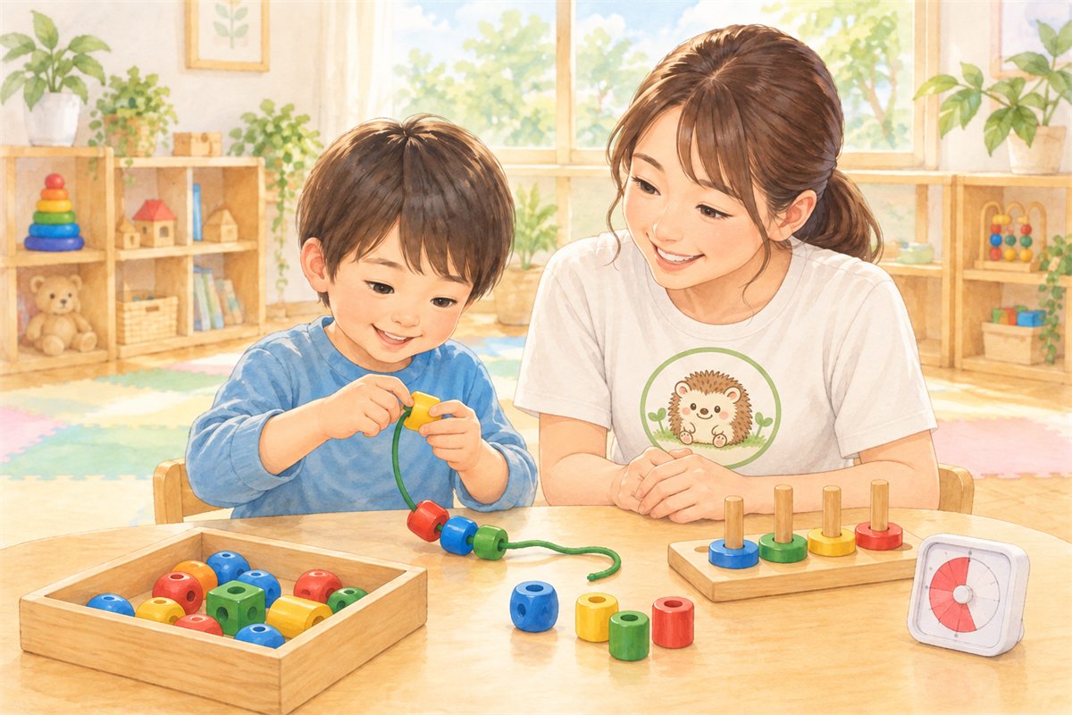 先生と1対1でビーズのひも通しに取り組む子どものイラスト