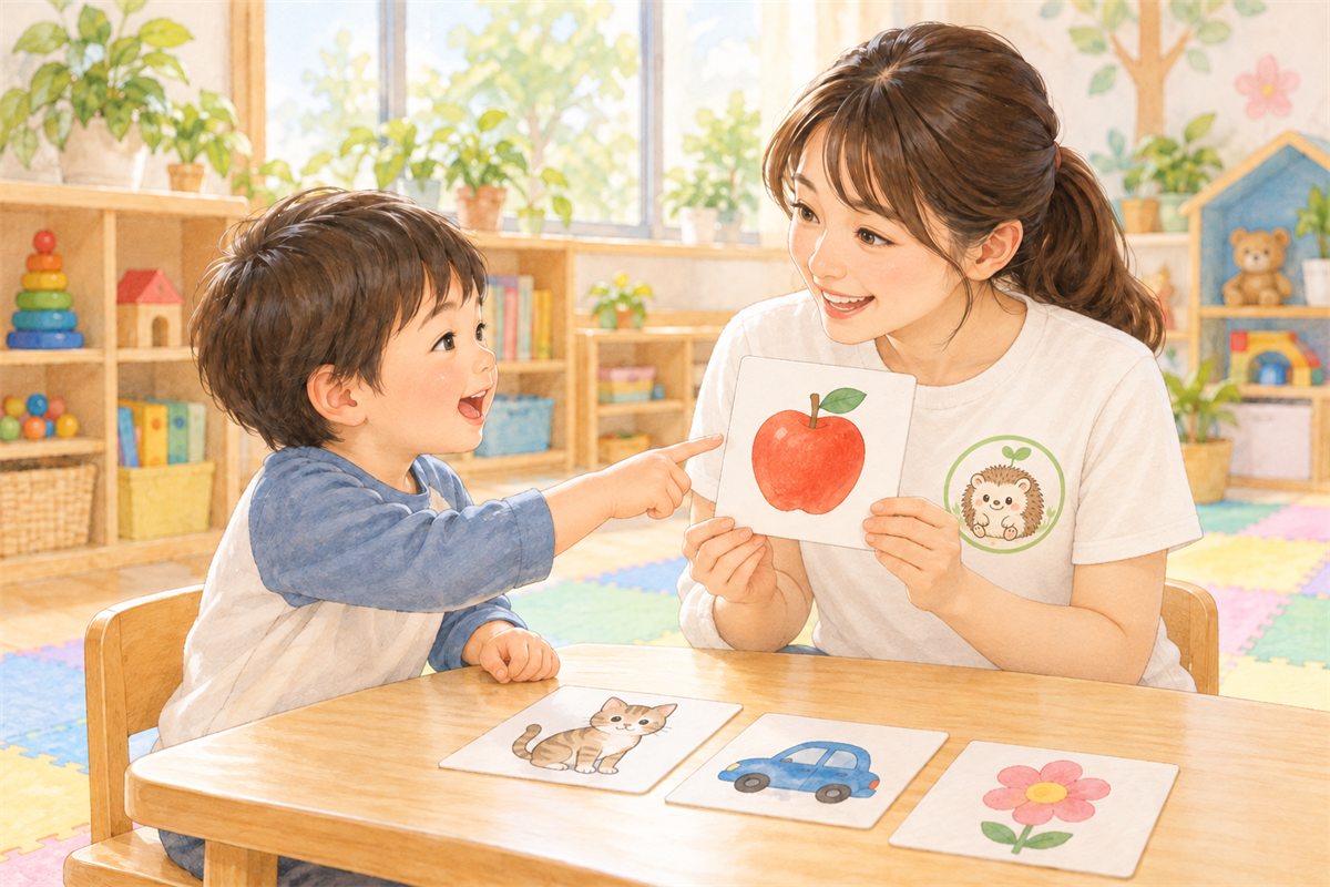 先生が見せる絵カードを指さしてお話しする子どものイラスト