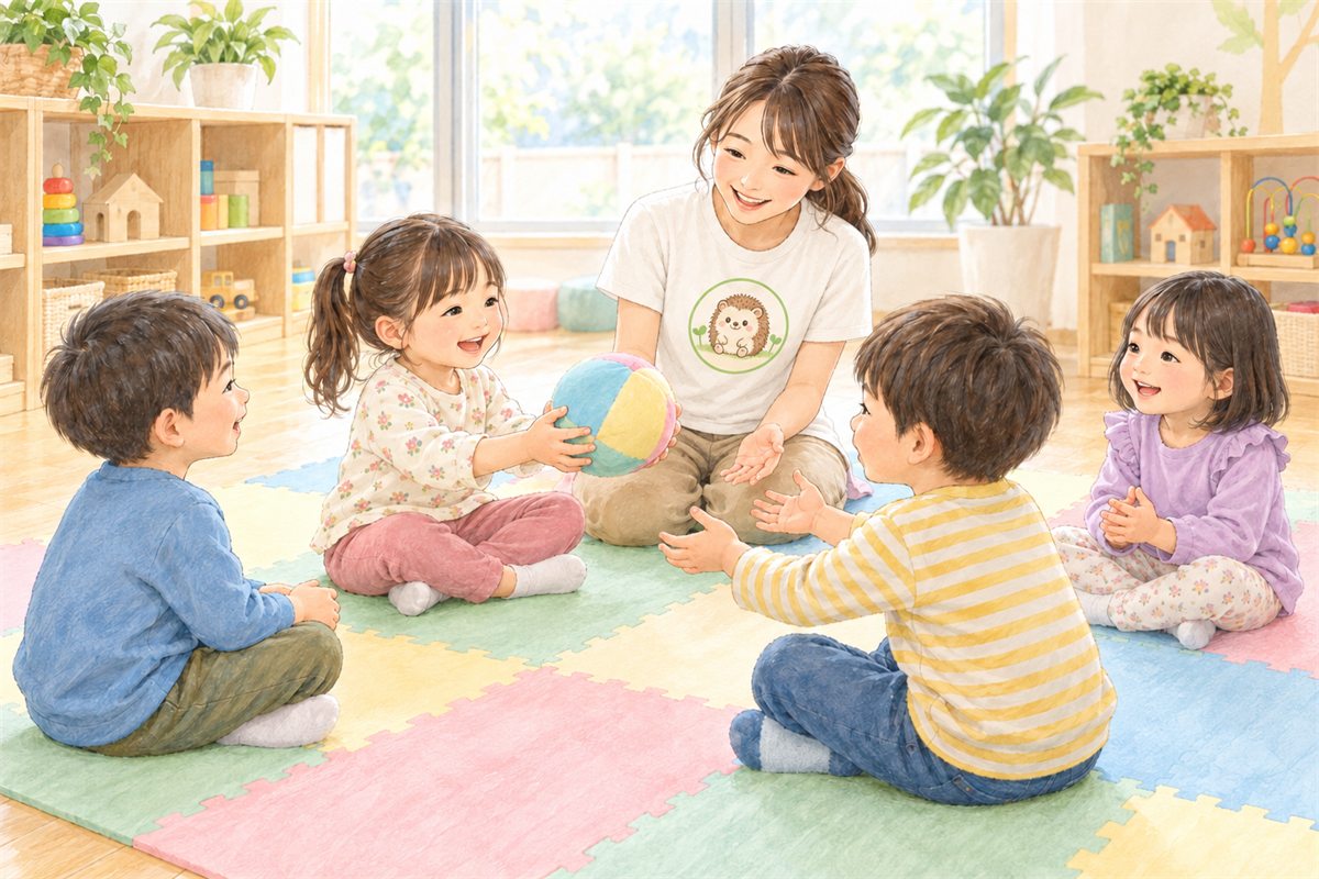 輪になってボールを転がし合う子どもたちと先生のイラスト