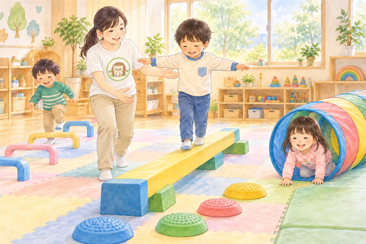 平均台やトンネルのサーキットで遊ぶ子どもたちと見守る先生のイラスト